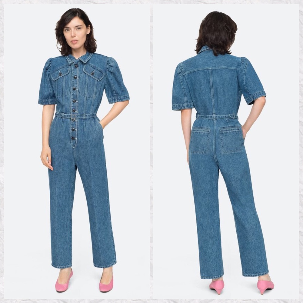 Sea New York Doreen Cotton Denim Short Sleeve Henley Button Down Jumpsuit
